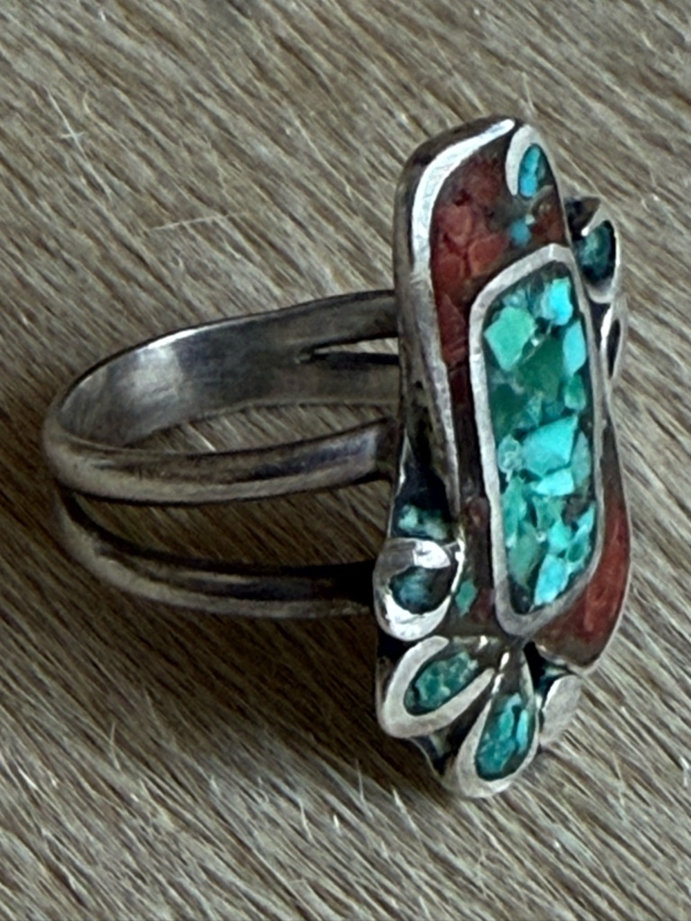 Sterling Silver Turquoise & Coral Inlay Ring - Women's Jewelry - Picture 3 of 8